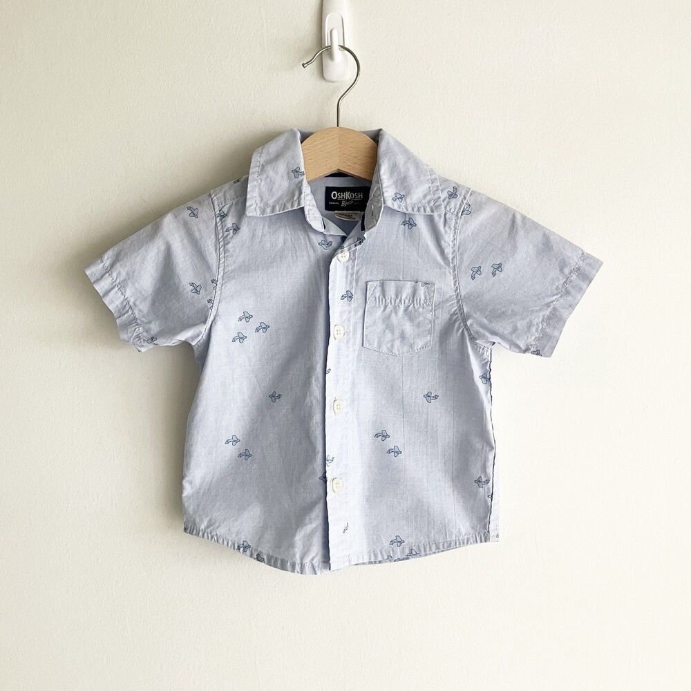 OshKosh Bgosh Shirt Baby Boy Size 12M Airplane Plane Print Short Sleeve Button